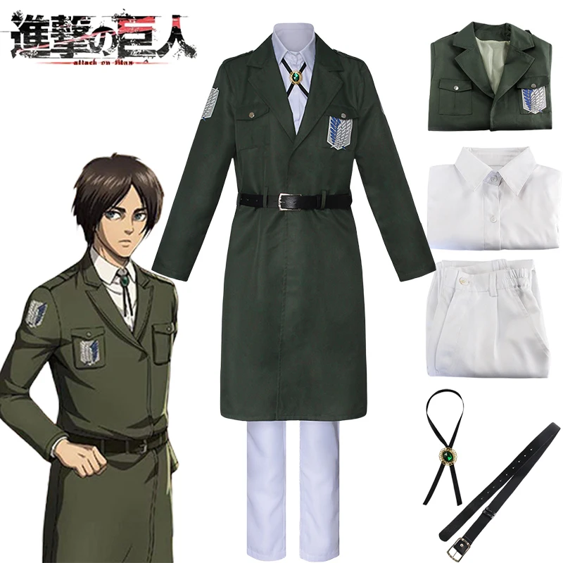 

Anime Eren Jaeger Mikasa Cosplay Costume Attack on Titan Survey Corps Uniform Armin Arlert Green Trench Halloween Costumes Adult
