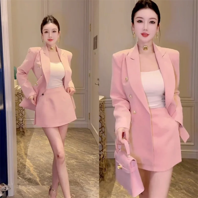 الكورية بلون مكتب سيدة الدعاوى أنيقة مزدوجة الصدر السترة سترة + تنورة قصيرة قطعتين مجموعة النساء ملابس رسمية 218B