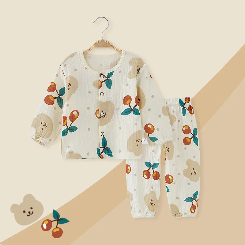 Children Two Pieces Sleep Set Baby Boy Girl Muslin Cotton Pajamas Cartoon Printed Long Sleeve Gauze Breathable Homewear For Kids