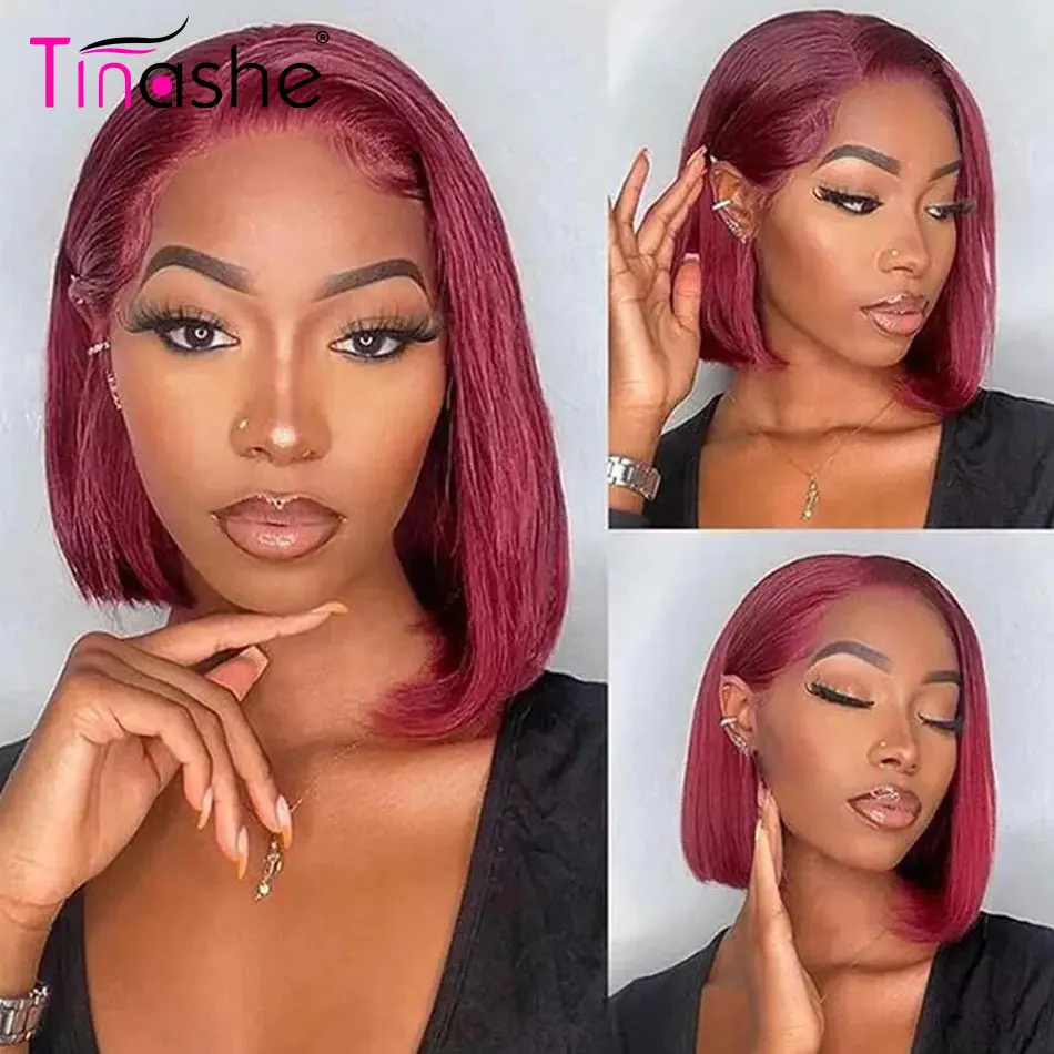 Tinashe 99j Burgundy Straight Bob Wig Glueless 6&times;5 Pre-Cut HD Lace Wig Pre Bleached Wear & Go Short Bob Human Hair Wigs