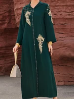 Mia Muse Ramadan Essentials Women's Muslim Elegant Abaya Dress V Neck Long Sleeve Maxi Sequined Floral Glamour Dress 6