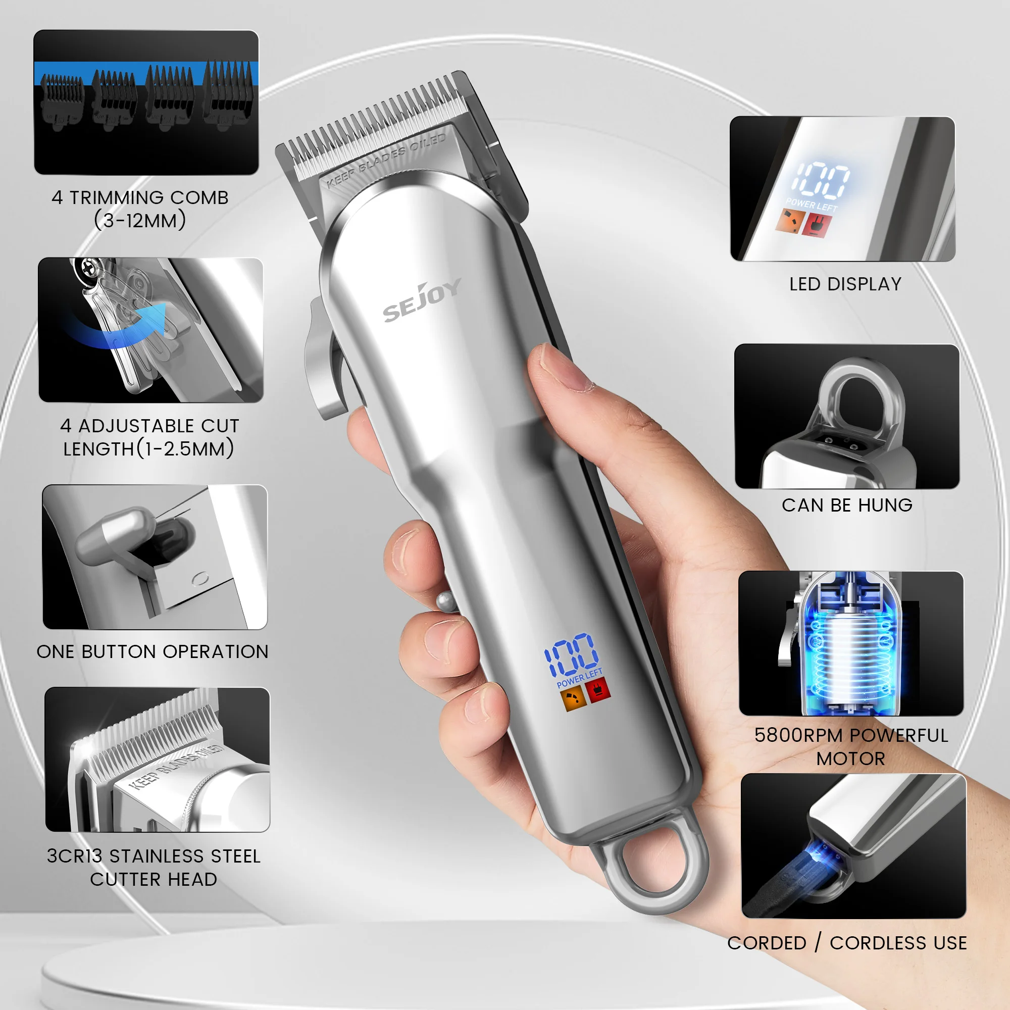 Sejoy Elektrische Haarschneidemaschine für Männer, professionelles Set, USB wiederaufladbar, Haarschneidemaschine für Männer, Bartschneider für Männer und Kinder – Detail 12