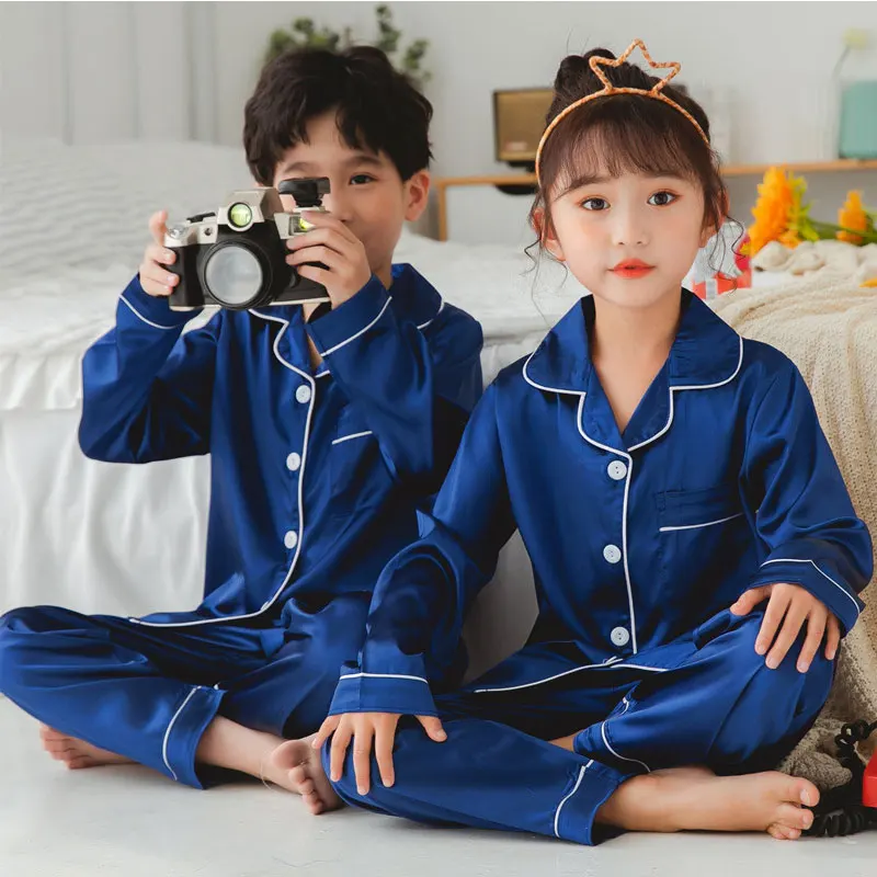 Girls Boys Silk Satin Pajamas Pyjamas Pjs Kids Child Top Shirt + Pants  Sleepwear Set