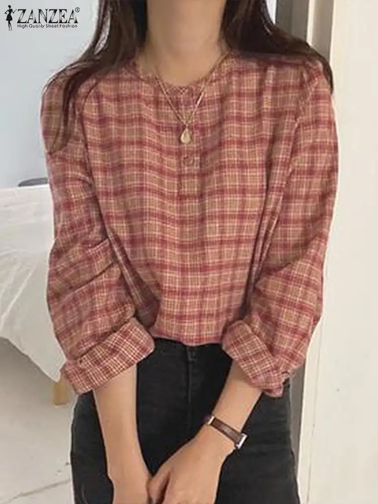 

Женская клетчатая блузка ZANZEA в клетку, модная рубашка с длинным рукавом, Повседневная Свободная рубашка с круглым вырезом, топы, Осенние хлопковые Ретро Блузы 2023