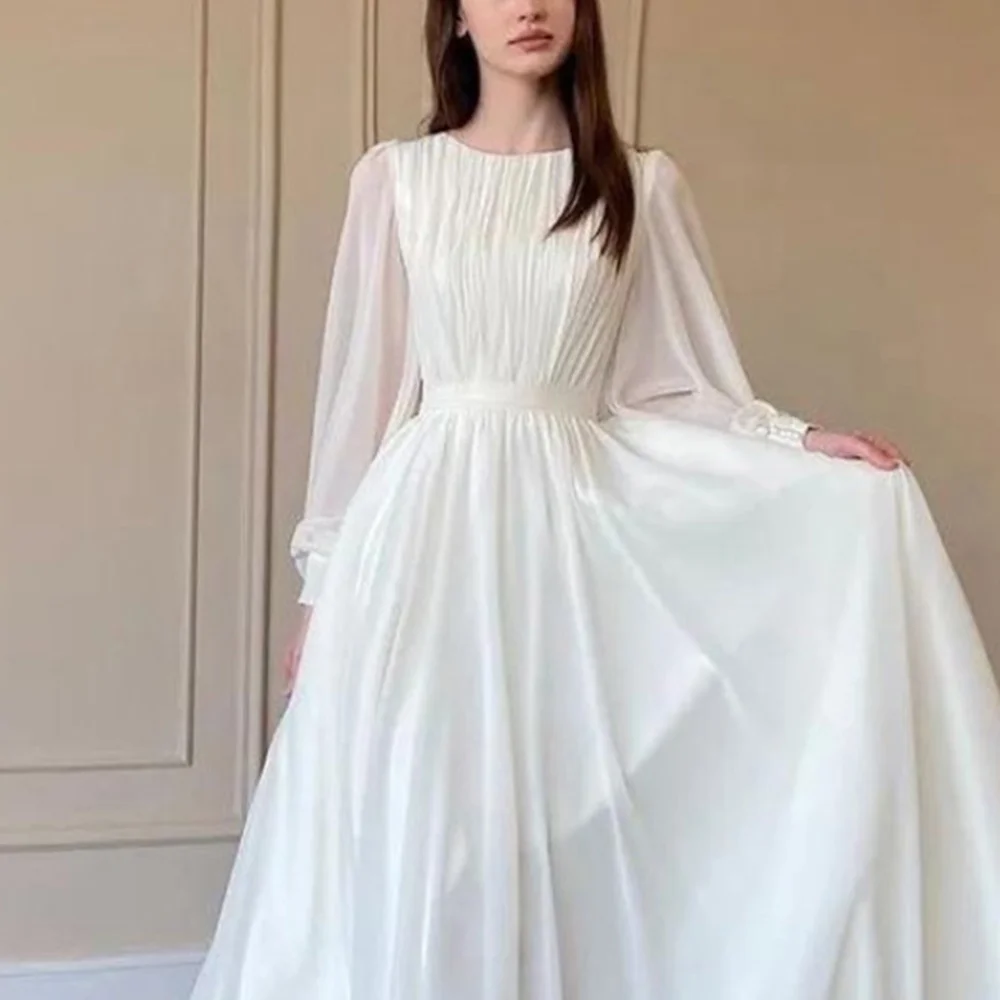 Muslim Ivory A-line Wedding Dresses Satin Draped 2023 New Design Pleat Full Brideing Gown Floor Length O-Neck robe de mariée 6