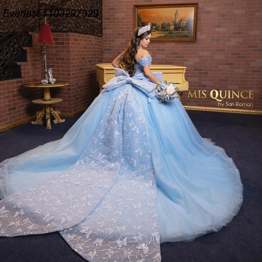EVLAST Sky Blue Quinceanera Dress Ball Gown Butterfly Applique Beading Bow Sweet 16 Vestido De 15 Anos QD1196