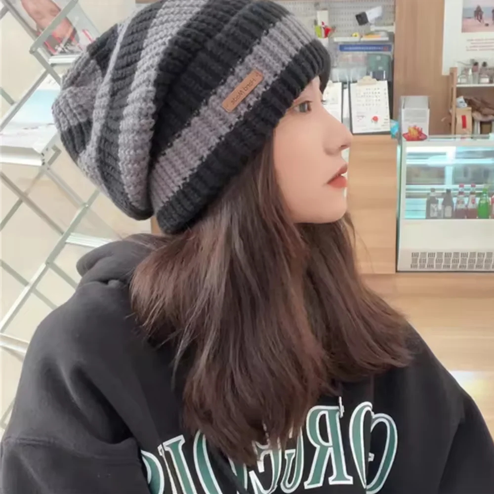 Hot Sale Women Slouchy Winter Hat Fashion Stripe Stitching Y2K Beanie Hat Soft Knit Hats Female Outdoor Streetwear Cap