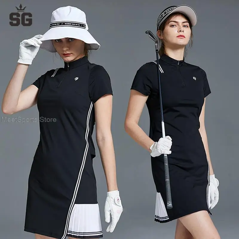 

2022 Swan Love Golf Dress Women Spring Summer New Golf Ladies Wear Slim Fit Stand Collar Short Sleeve Polo Dress Golf Skirt