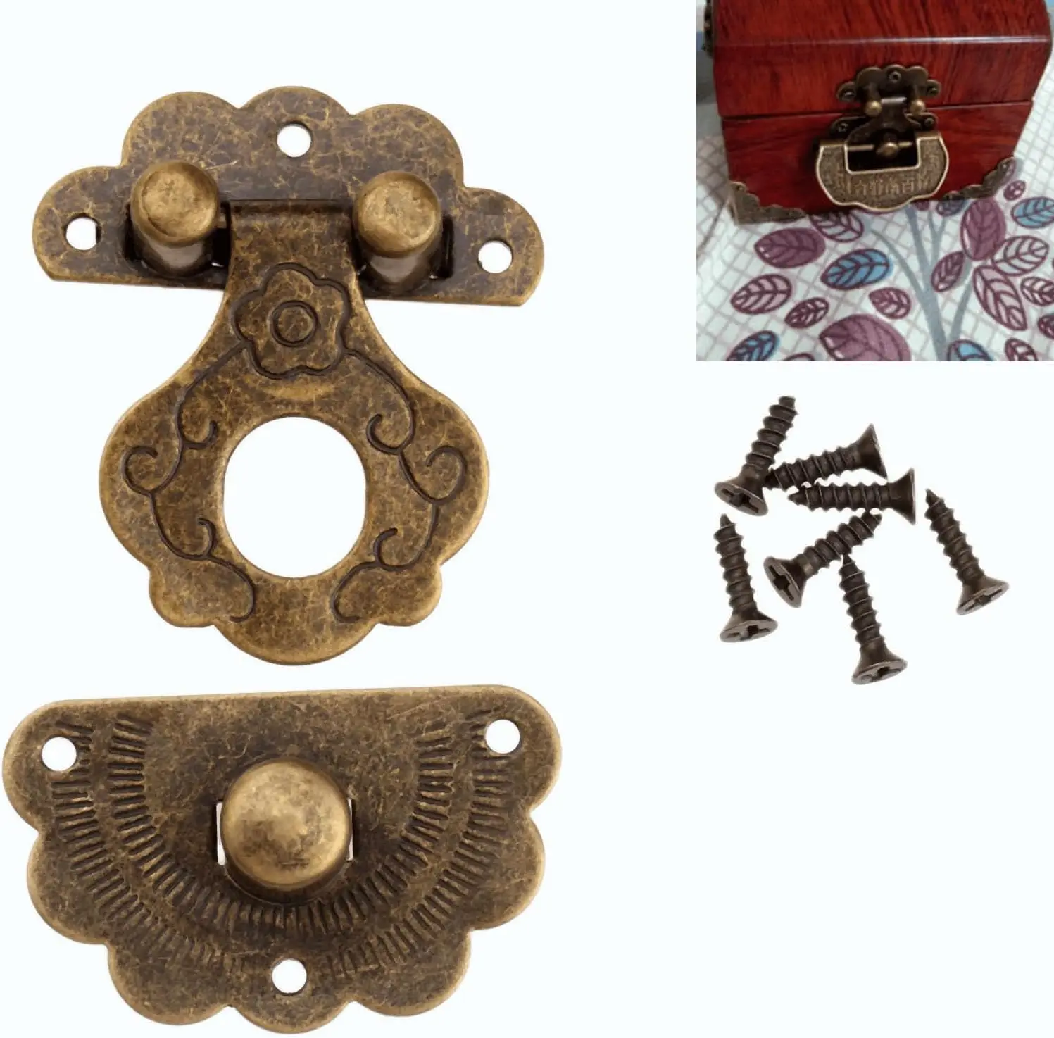 2Pcs Vintage Brass Decorative Latch Hasp with Screws Antique Buckle for Jewelry Box Drawer Suitcase Cabinet Wooden Case 40x36mm