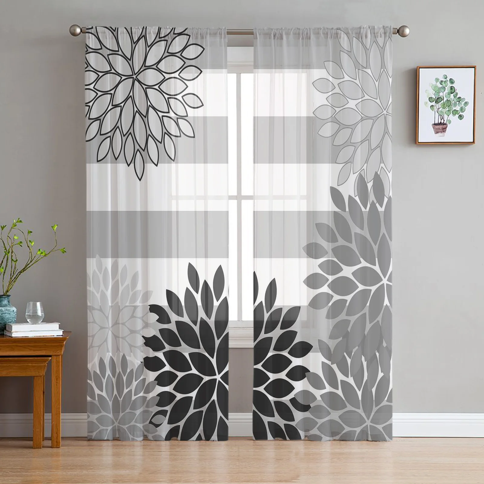 Flower Abstract Dahlia Black And White Grey Stripes Living Room Tulle