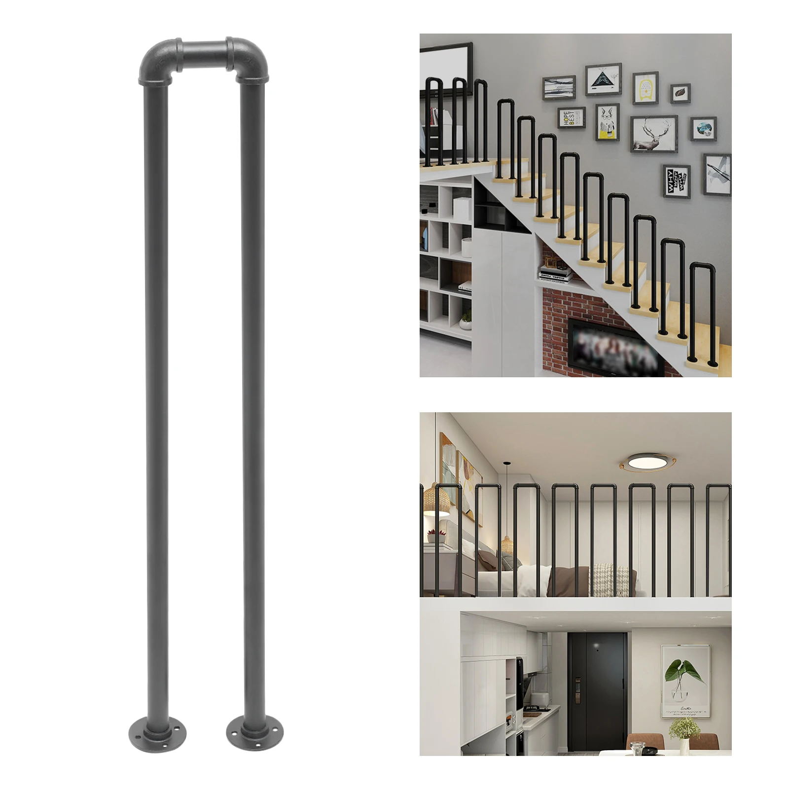 Black U-Shaped Stair Handrail Industrial Wrought Iron Non-Slip Safety Railing Indoor Elderly Children's Support Poles 20*100cm
