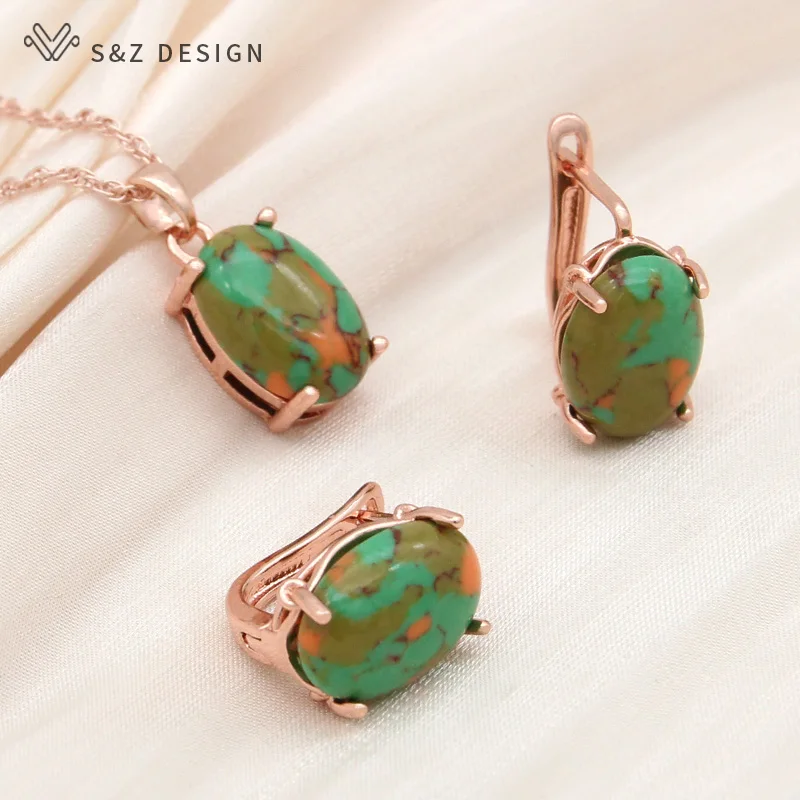 S&Z DESIGN New Oval Synthetic Turquoises Drop Earrings Jewelry Sets For Women Wedding 585 Rose Gold Color Pendant Necklace