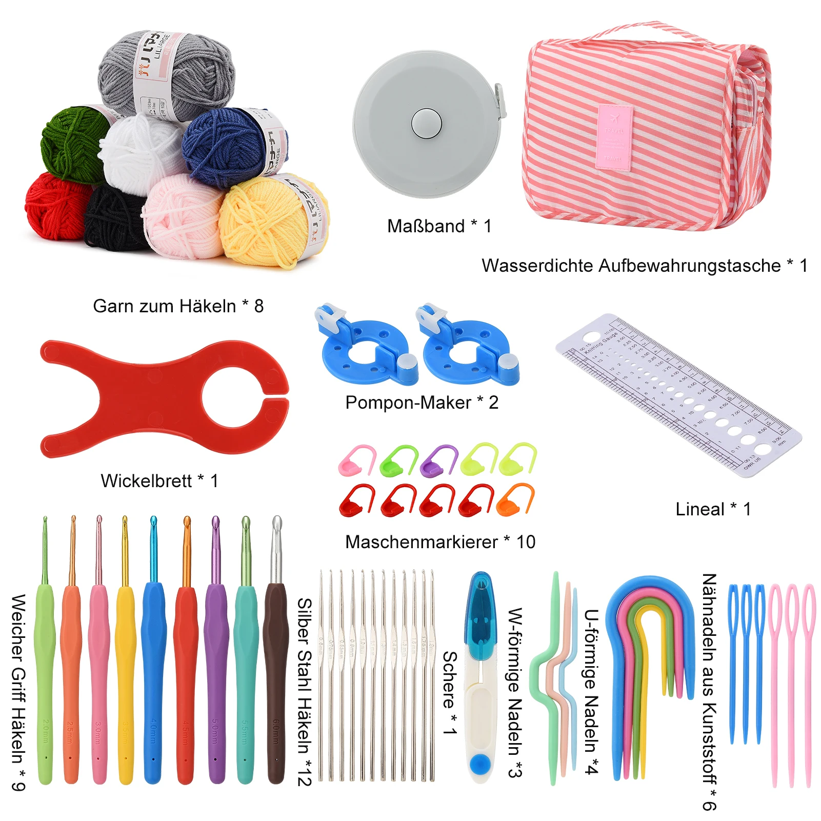DIY-Häkelset, einschließlich Garn, Häkelnadeln, Stricksets, Aufbewahrungstaschen, praktische Häkelsets (8 Designs verfügbar) – Detail 10