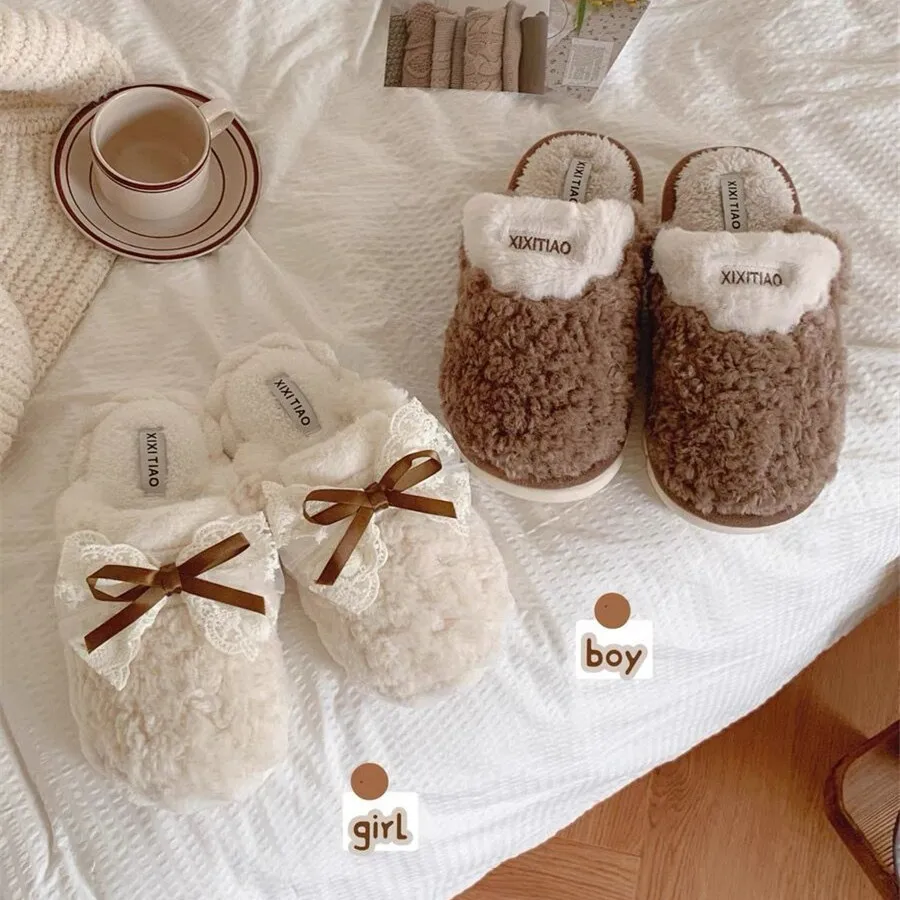 Winter Warm Fur Slippers for Women Cute Bow House Non Slip Soft Shoes Comfort Flat Heel Home Indoor Bedroom Plush Cotton Slides 3