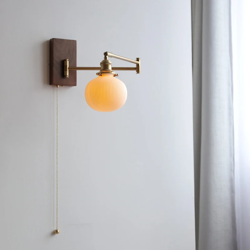 IWHD 풀 체인 스위치 침실 거실 조명 팔 왼쪽 오른쪽 Totate 나무 캐노피 Applique Murale Sconce 옆에 LED 벽 램프