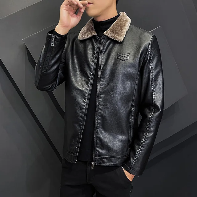 Winter Fashion Warmth Thickened Leather Jacket Lapel Solid Zipper Design Plus Size 4XL-M Bomber Coat Men's Leather Jacket 5