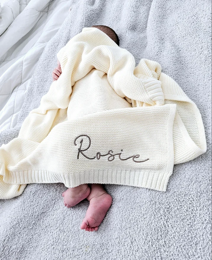 Knitted Baby Blanket Personalized Name Baby Shower Newborn Baby