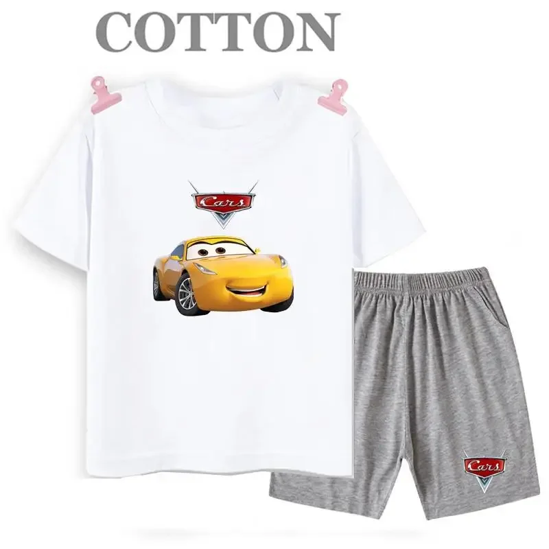 thumbnail image 1 of Conjunto de camiseta y pantalones cortos de verano para niños, camiseta de algodón de manga corta con dibujos de coches y pantalones, conjunto de 2 piezas, ropa para niñas y niños, conjunto para bebés, 1 of 5