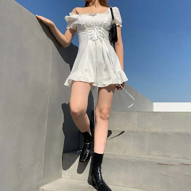 

Women White Dress Summer 2021 Ruffles Puff Sleeve Bandage Mini Dress French Romantic Solid Color High Sleeve Dresses Waist Short