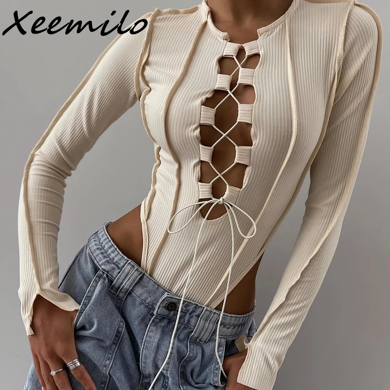 

Xeemilo Sexy Crossing Bandage Hollow Out Bodysuit Aesthetic Ribbed Long Sleeve Bodycon Bodice Y2K Women Night Club Bodysuits