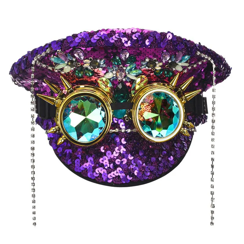 Corzzet Luxury Silver Sequined & Diamonds Club Party Rave Rock Cosplay Accessories Steampunk Military Hat Masquerade Costumes,cosplay hats