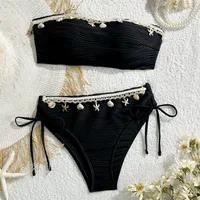 Black Bandeau Bikinis Sets Woman 2025 Shell Starfish Edge Sexy Swimsuit Women Solid Textured Swimwear Beach Holiday Bikini Mujer