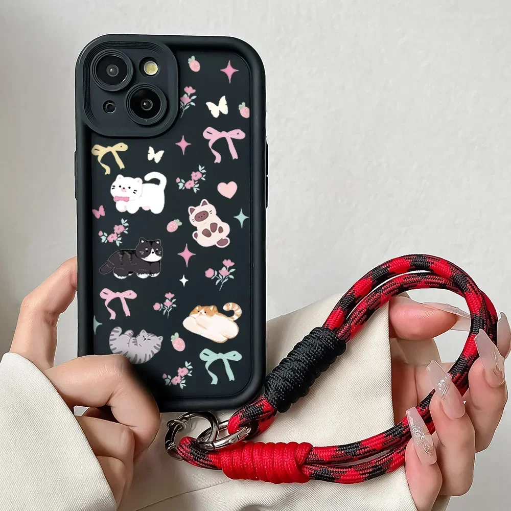 Cartoon Cat Soft TPU Wrist Chain Lanyard Phone Case