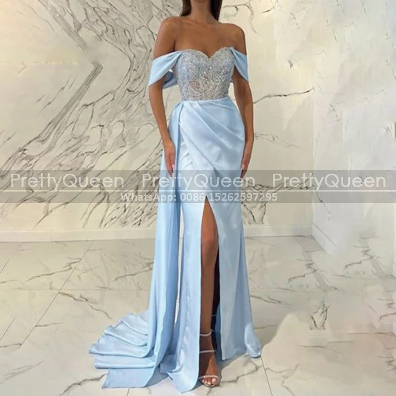 

Off Shoulder Appliques Prom Dresses Mermaid Streamer Side Split Long Light Blue Sheath Formal Evening Dress Party For Women