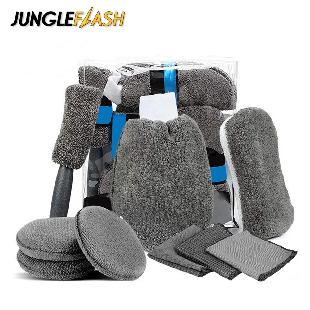 

JUNGLEFLASH 9PCS Car Wash Sponge Car Wipe Kit Microfiber Towel Detailing Washing Tools Glove Cleaning Towel Waxing Brushes Kits