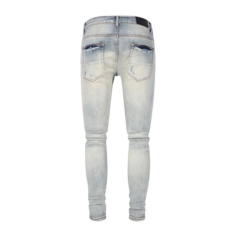 High Street Fashion Men's Jeans Vintage Light Blue Elastic Tight Split Jeans Men's Leather Panel White Patch Designer Hip Hop Br