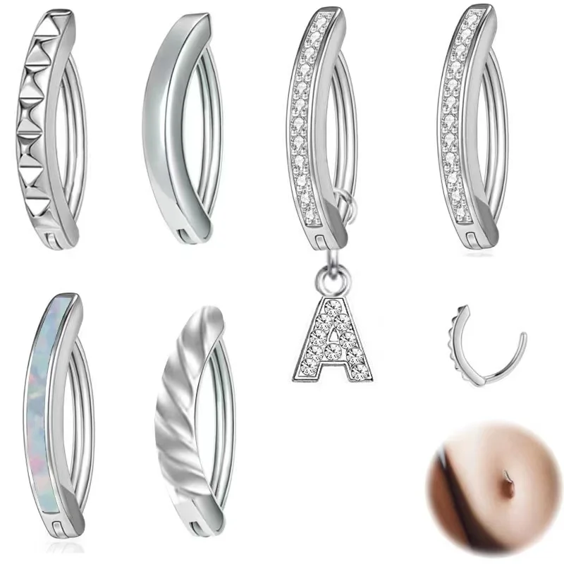

6pcs Minimalist Crystal Belly Ring Crystal Gold Plated Navel Piercing for Women Girl Snap Reverse Curved Belly Button Ring