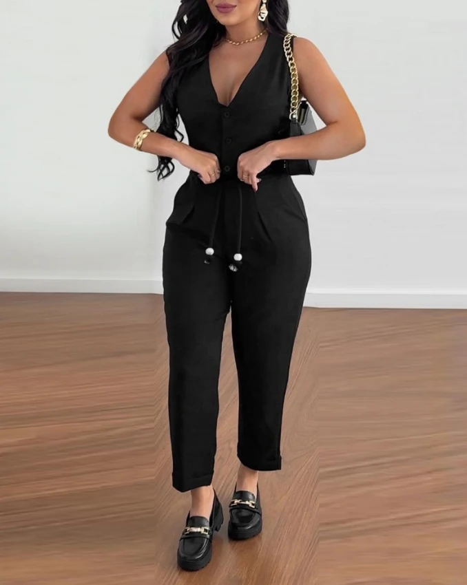 Women's Two Piece Summer Casual Solid V-Neck Sleeveless Buttoned Vest Top and Pocket Design Ruched Tied Detail Pants Set