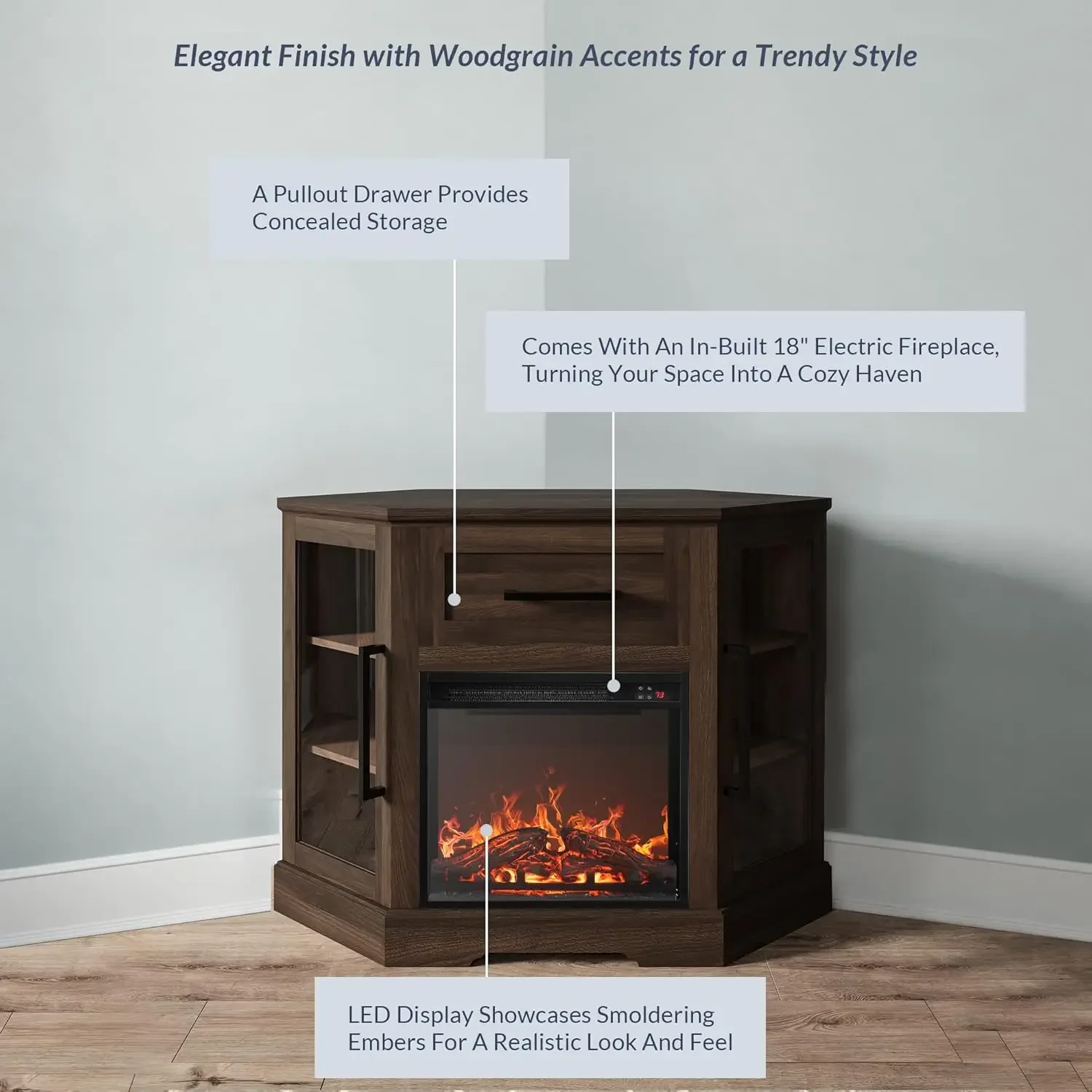 43" Corner TV Stand with 18" Electric Fireplace Heater, Modern Corner Wood Entertainment Center- Dale (Dark Walnut) 3