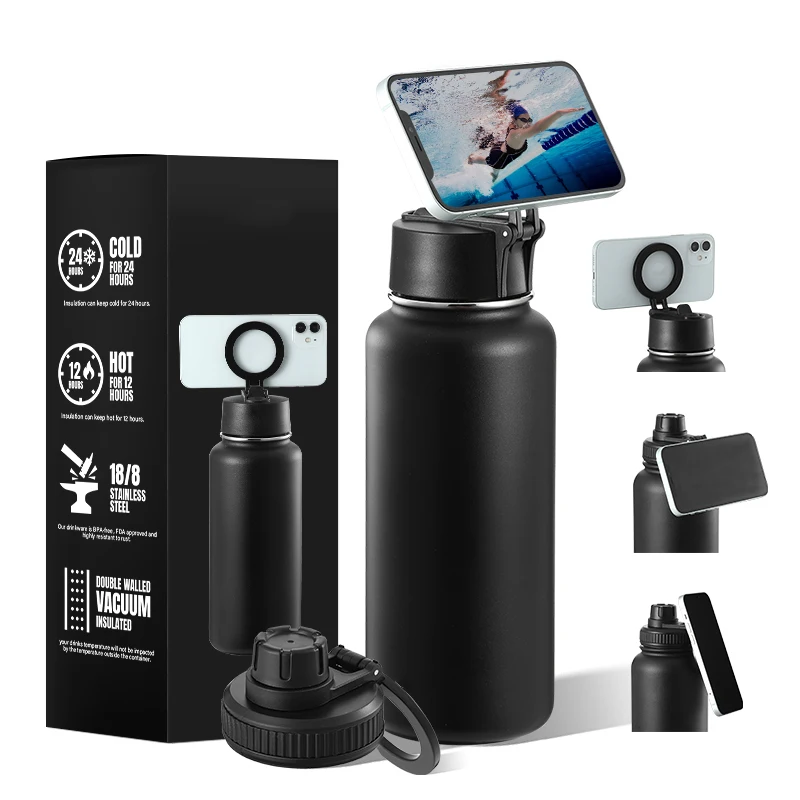 32oz New Outdoor Stainless Steel Vacuum Flasks Luxury Water Bottles With Phone Holder Magnet for Metal Ring