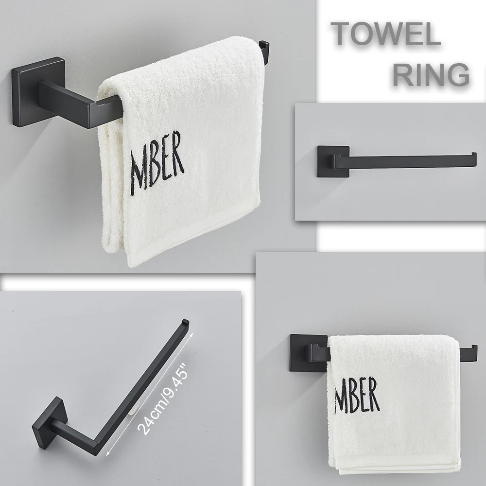 Black Bathroom 40cm Accessories Set Wall-Mount Stainless Steel Towel Bar Rack Toilet Roll Paper Holder Robe Hook Hanger Hardware