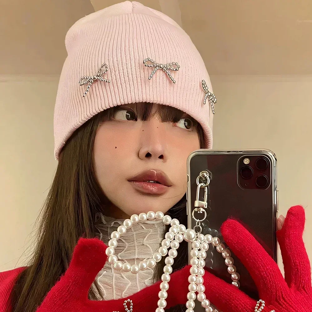 Korea Ins Bowknot Pearl Knitted Hats Angora Rabbit Fur Y2K Winter Hat Women Girls Fluffy Warm Beanies Plush Thick Skullies Caps 3