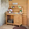 Outdoor potting bench table work station for gardening: natural wood brown weather-resistant with cabinet drawer top shelf and