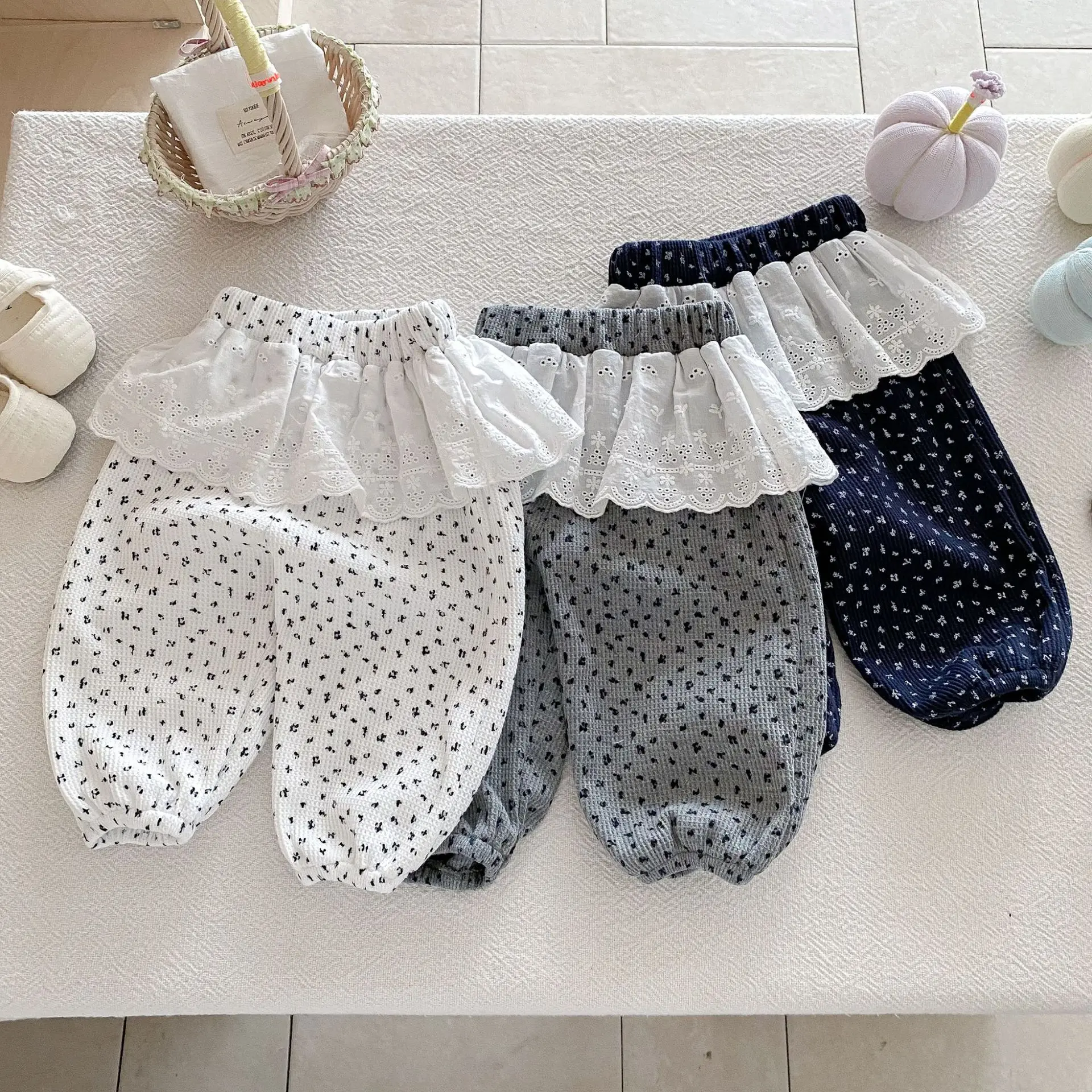 Girls Floral Print Waffle Trousers Autumn Kids Pants