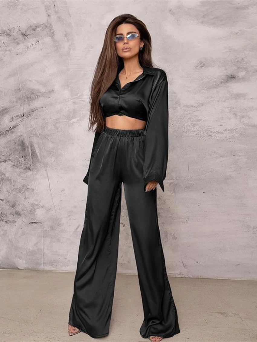 Marthaqiqi Satin Loose Women'S Pajamas Sets Long Sleeve Sleepwear Turn-Down Collar Nightwear Wide Leg Pants Femme Pyjamas Suits