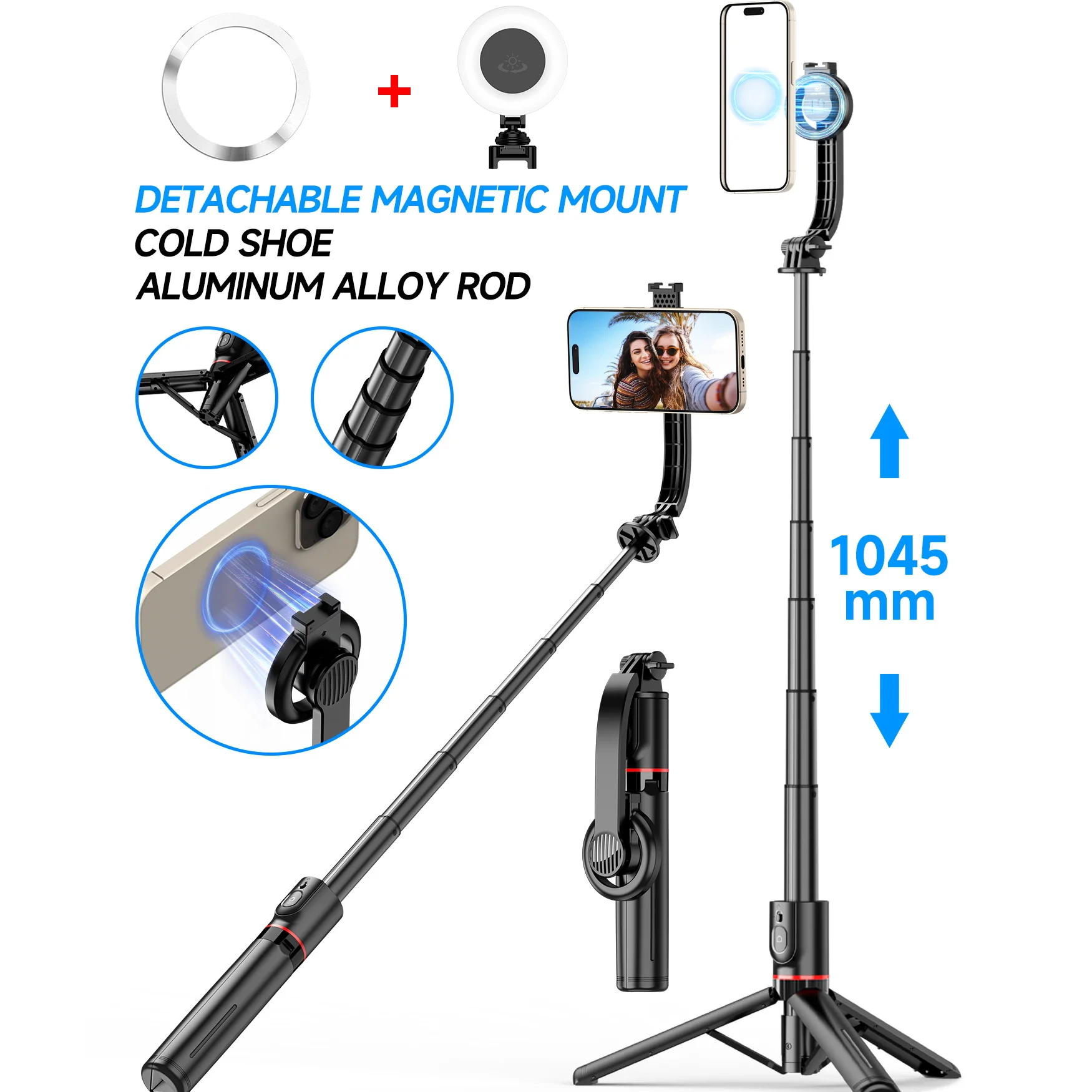 1045mm Detachable Magnetic Selfie Stick Tripod Wireless Remote Light Portable Phone Tripod Stand for Smartphone Live Broadcast