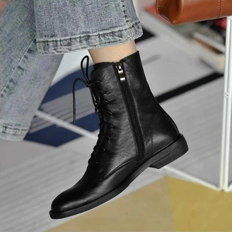 Concise Style Lace Up Black Ankle Boots Women Luxury Zip Soft