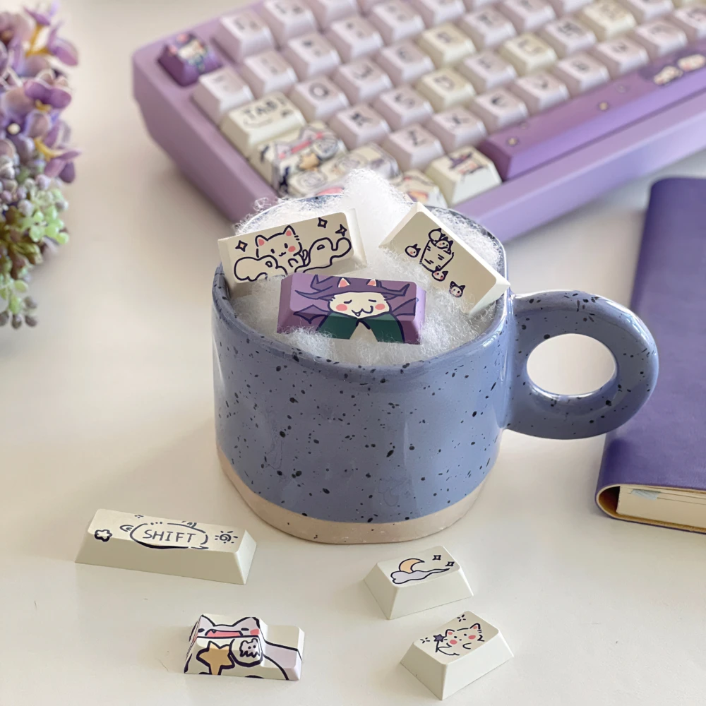 Teclado Mecânico Keycap Gato Roxo dos Desenhos Animados Roxo Mágico Bonito Meow Keycap Moa Cereja Mda Faça Você Mesmo 131 Chaves 150 Chaves - Imagem 5