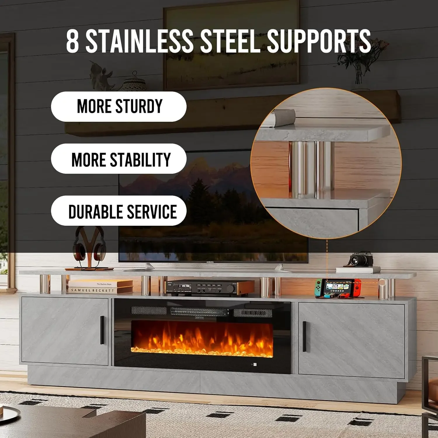 Fireplace TV Stand with 36”Electric Fireplace, 80” 2 Tier TV Console Stand for TVs Up to 90",LED Light Entertainment Center,Gray 2