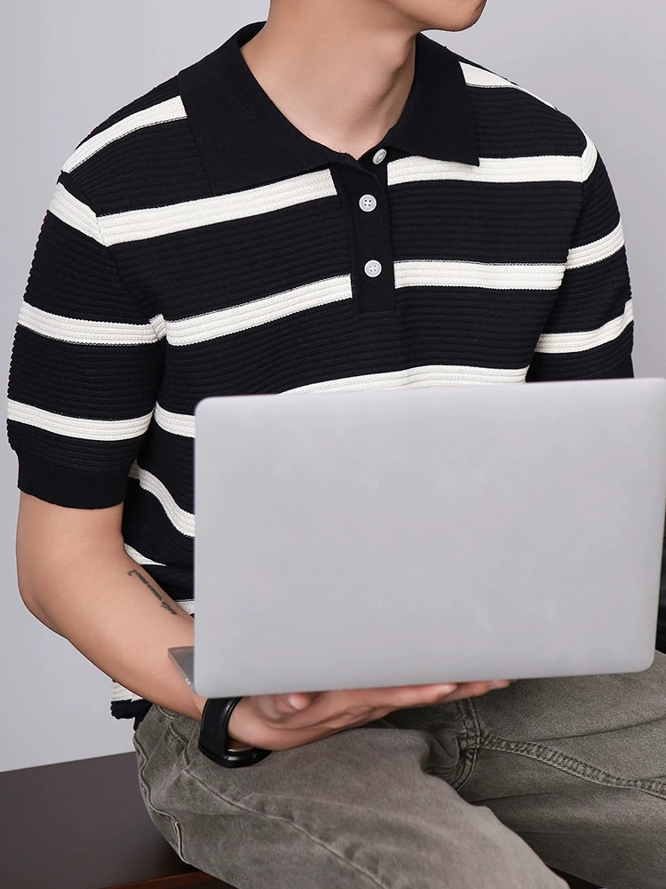 New Casual Striped Crochet Knit Polo Shirt Mens Summer Fashion Buttoned Polo Neck Knitted Tops Men Stylish Short Sleeve Jumpers 7 Sb53d3a25aa3f4b4b9339c4cc88363819q