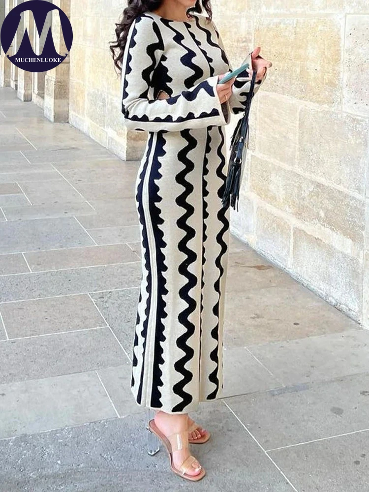 

Elegant and Pretty Women's Dresses Spring Autumn New Stripe Hollow Out Long Sleeve Dress Fashionable Slim Fit High Waisted Dress