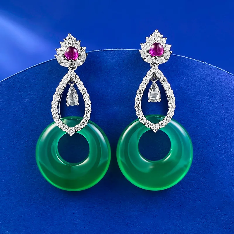 

Live Streaming New 925 Silver Inlaid 20mm Green Jade Chalcedony Earrings, Rich Women's Luxury Inlaid Classic Earrings