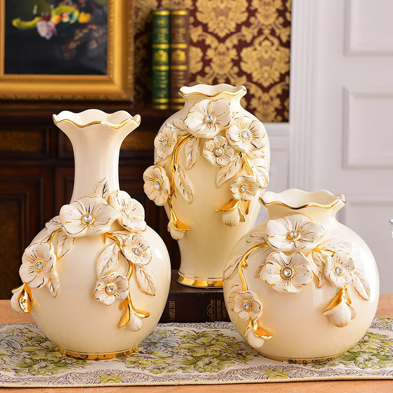 

3 шт., европейские рельефные керамические декоративные роскошные декоративные вазы для гостиной, высококачественные декоративные вазы для дома