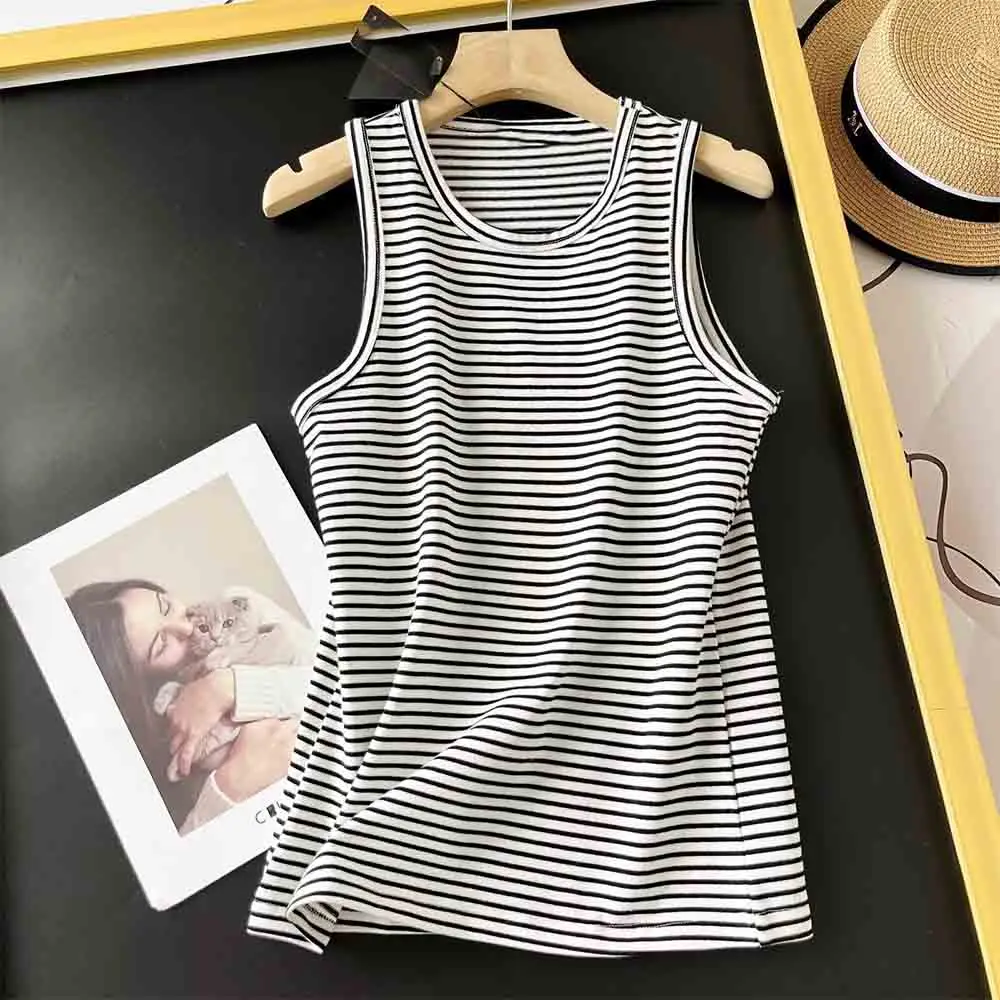 

Женская футболка в полоску, черная или белая приталенная безрукавка без рукавов с круглым вырезом, 0680/379