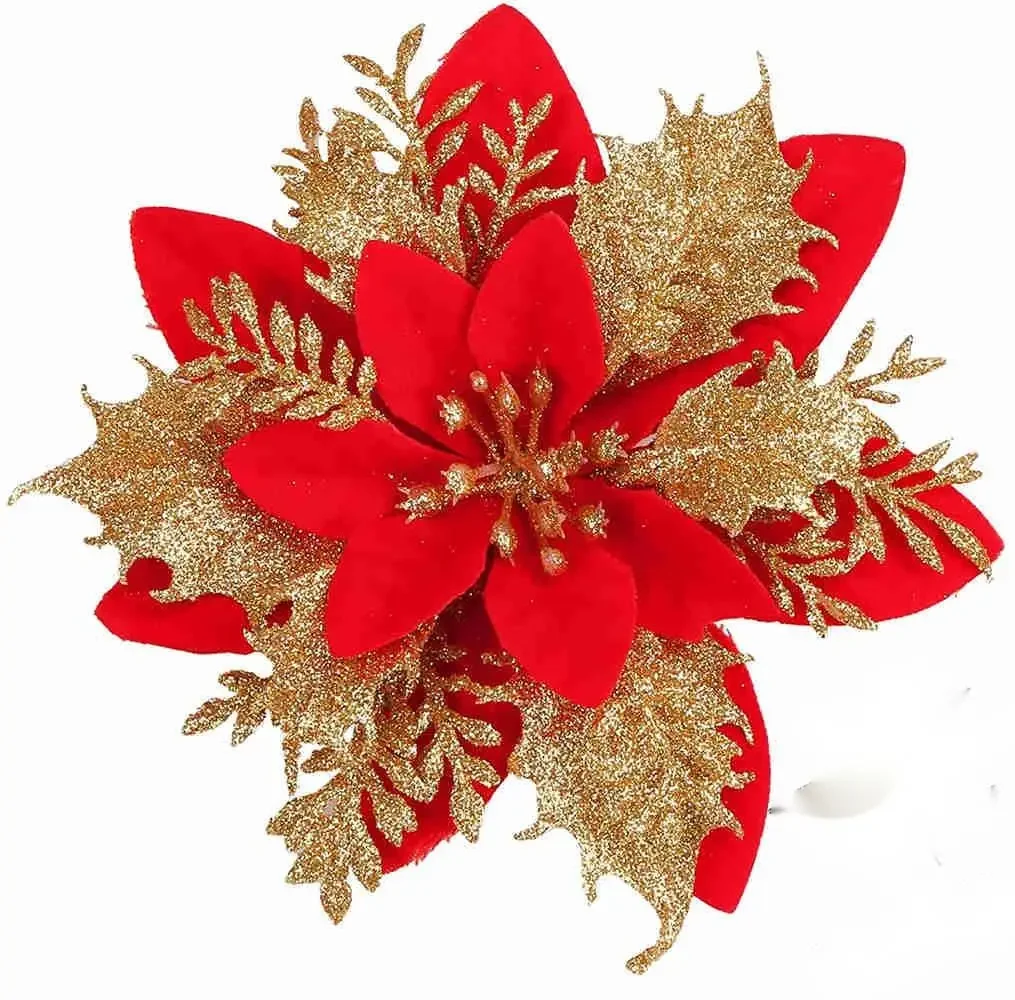 

50 Pcs Glitter Poinsettia 5.5" Artificial Flowers Christmas with Clips Stems Xmas Tree Ornaments for Wedding Party Wreath Decor