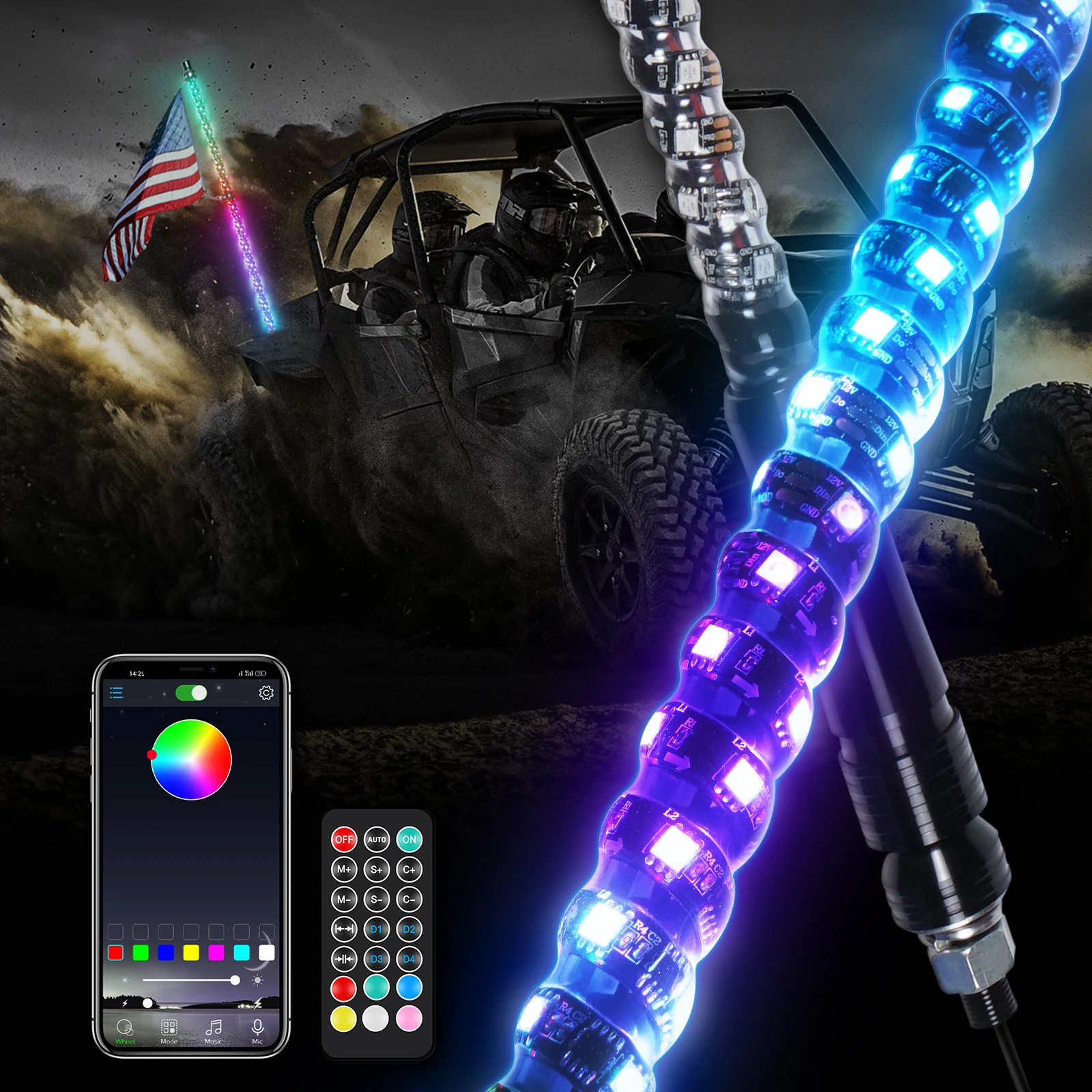 

Bevinsee 3FT 4FT 5FT 6FT LED Whip Lights Antenna Spiral Atmosphere Decor Lamp APP Remote Control Flagpole Whip Light For ATV UTV